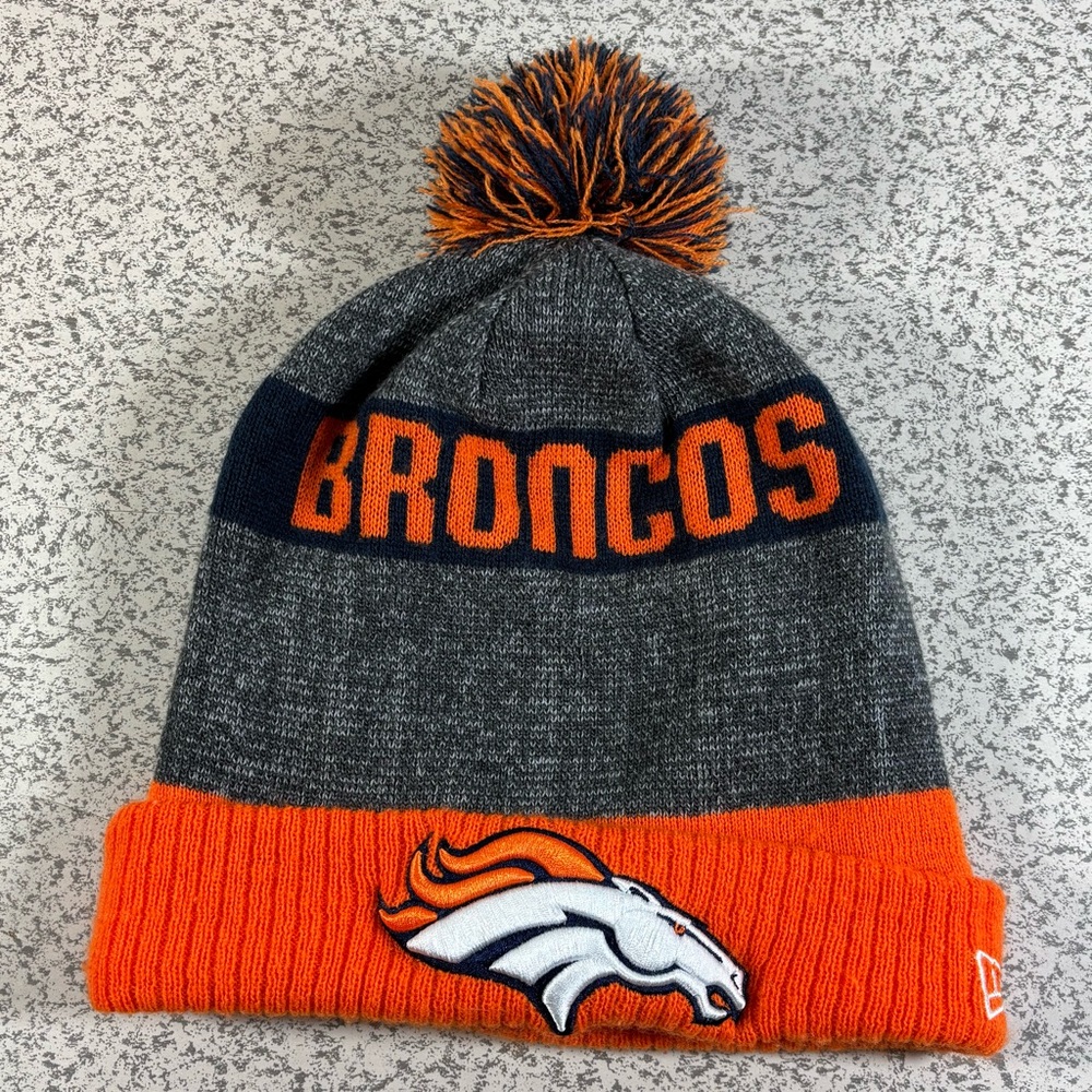 Denver Broncos New Era Lined Knit Pom Beanie Hat One Size Gray Orange NFL